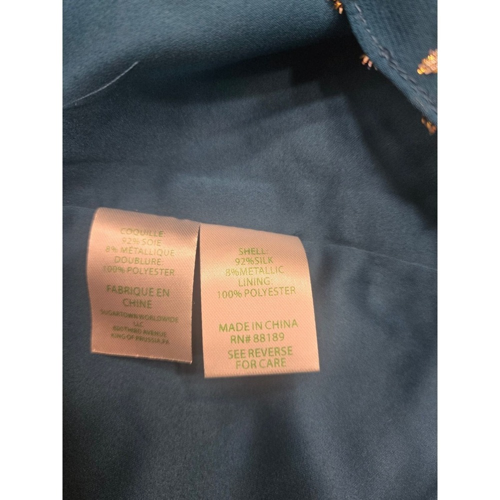 Lilly Pulitzer Silk Metallic Gold Foil Teal Blue Bell Sleeve Shift Dress XS - Picture 5 of 5
